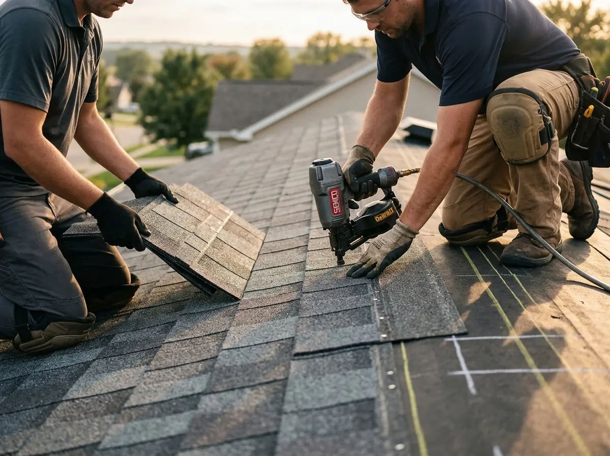 Professional roofer working on a residential roof in Grayson